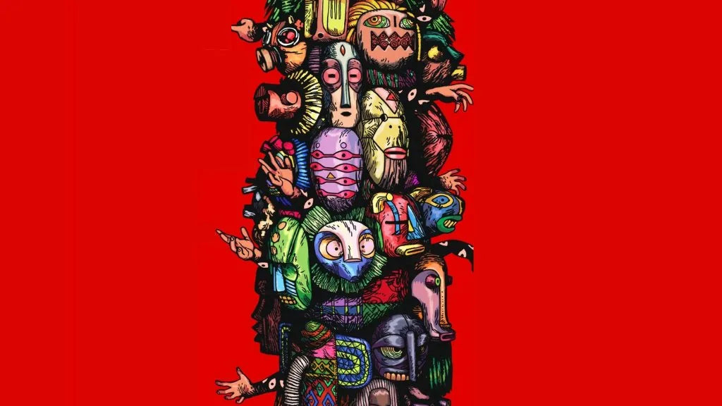 Illustrated totem of stacked masks, faces and hands on a red background
