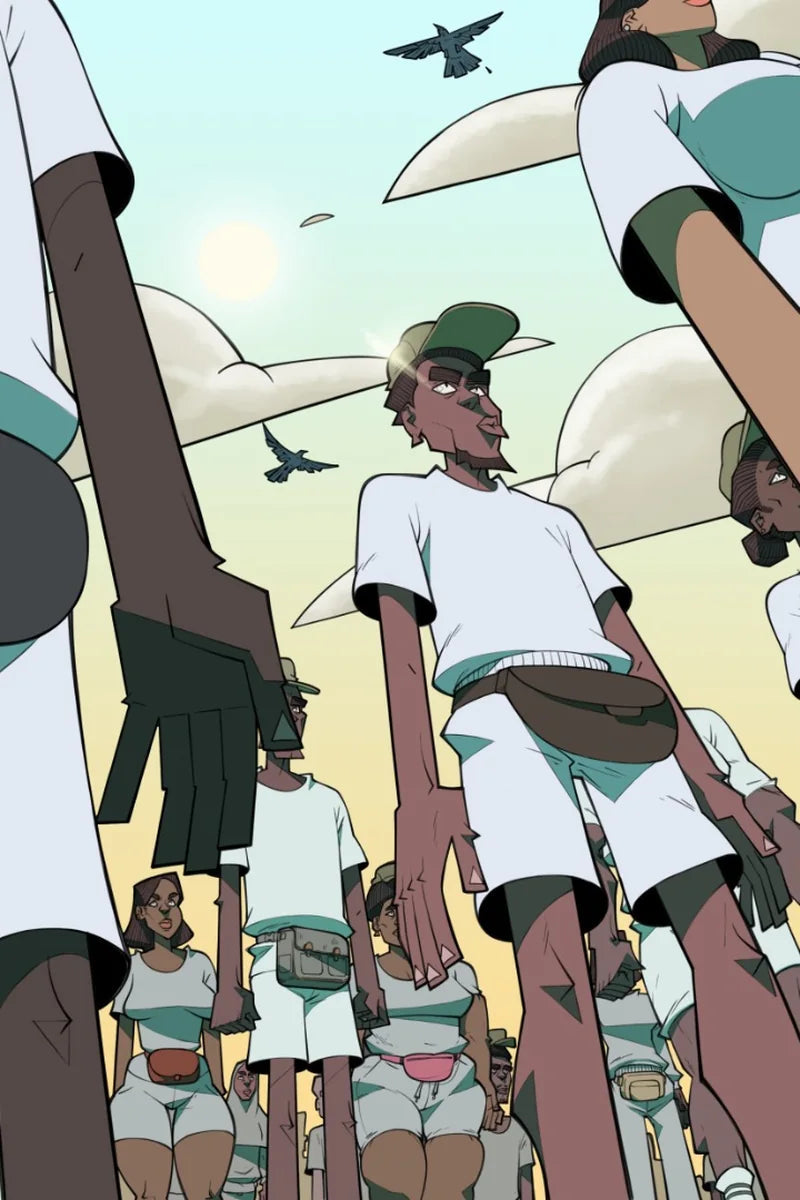 State 37 cover: young people in white T-shirts and caps seen from below under a pale sky as birds fly overhead