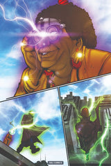 The Dreamer by TAG Comics: the old woman peers through brass goggles crackling with purple lightning while the man in the long coat glows green on the rooftop