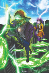 The Dreamer by TAG Comics: the man in goggles and a purple coat runs across glowing green discs above the city, the old woman following behind