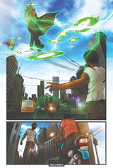 The Dreamer by TAG Comics: the pair stride across green discs in the sky as a man in the street below reaches toward them past okadas and a yellow bus