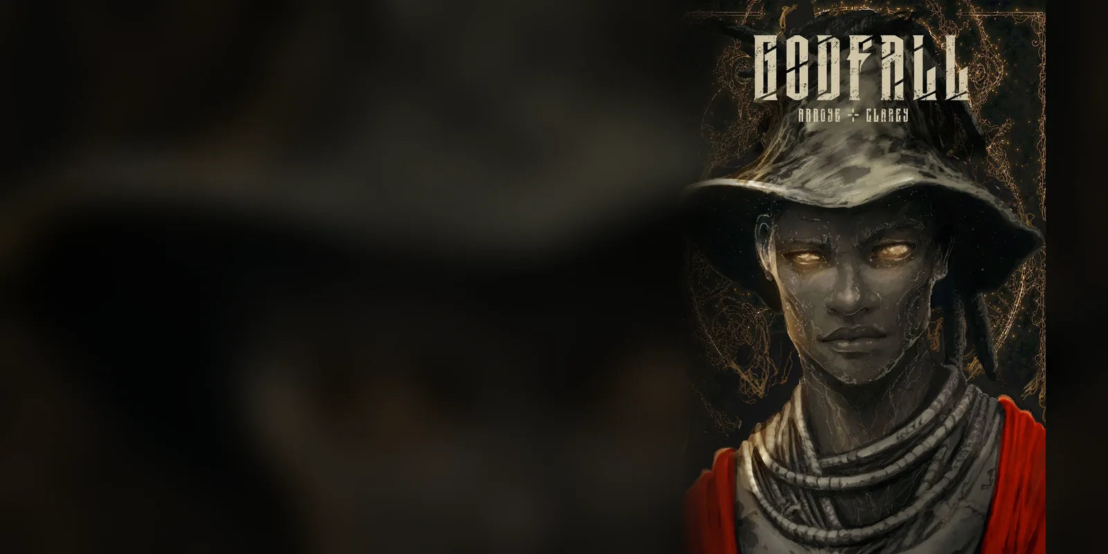 Godfall Volume 1 by TAG Comics: cover art of a stern young man with glowing golden eyes in a grey bucket hat and red cloak