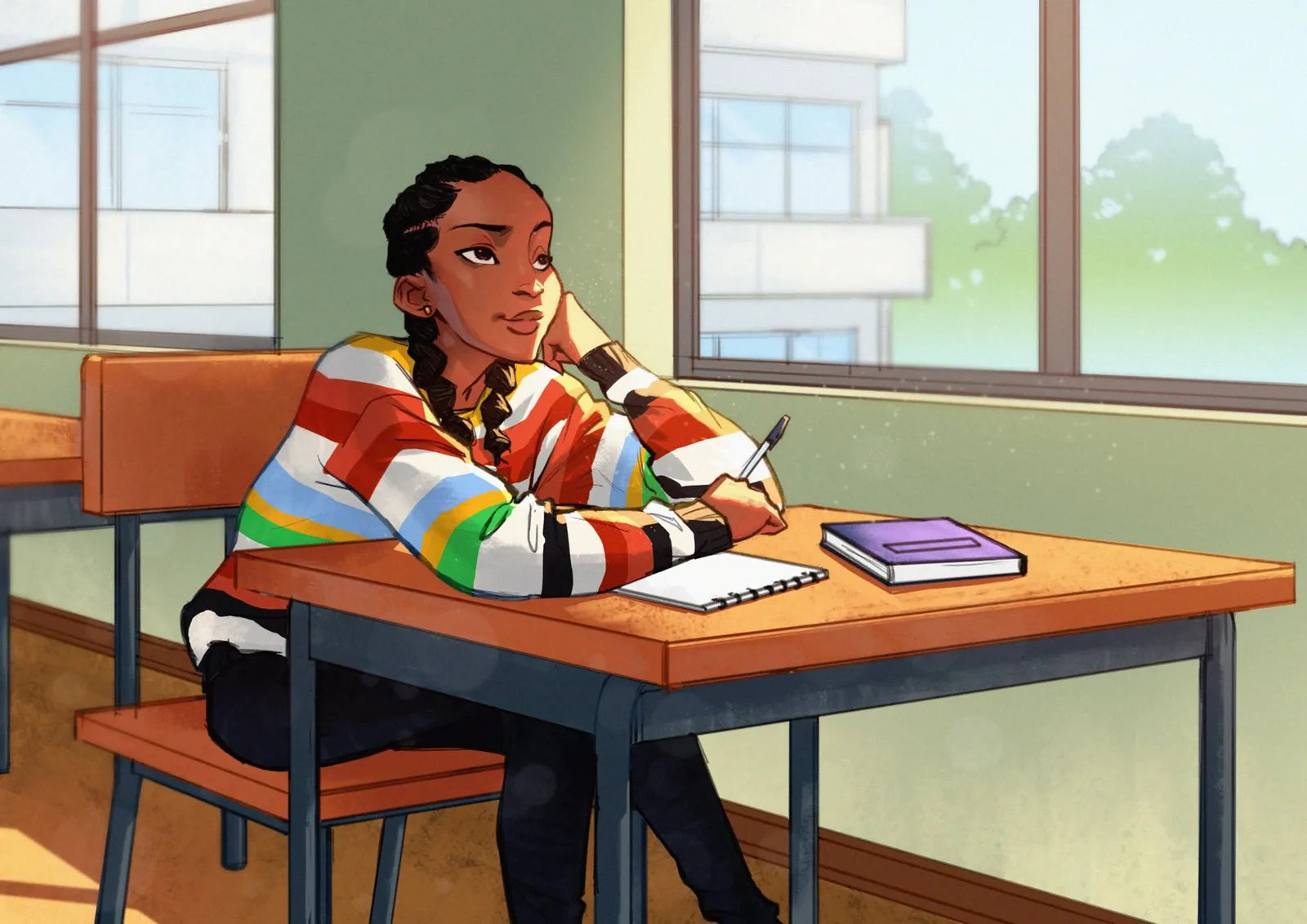 Life of Sky by TAG Comics: girl in a striped sweater daydreams at her classroom desk, chin in hand, pen over an open notebook