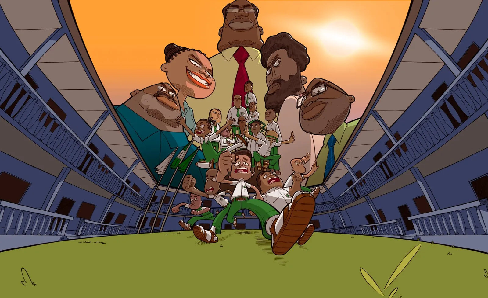 Dafe, Friends and All of Mishima by TAG Comics: students in green and white uniforms run across a school courtyard while giant teachers loom over them against an orange sunset