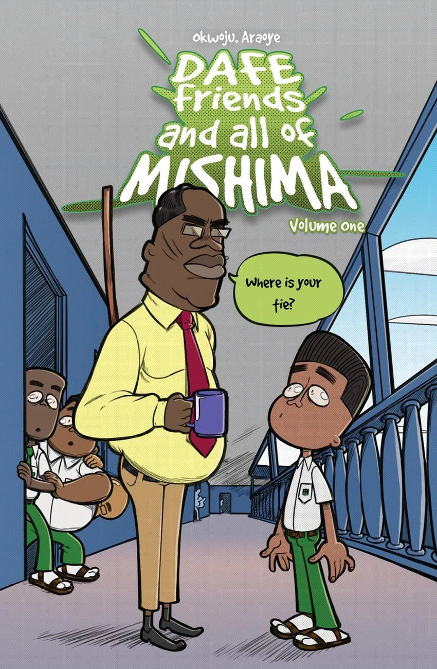 Dafe, Friends and All of Mishima by TAG Comics: Volume 1 cover, a teacher in a yellow shirt holding a mug asks a student where his tie is
