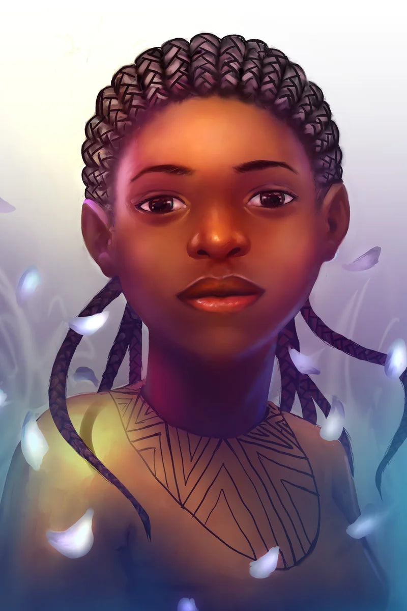 Danfo by TAG Comics: painted portrait of a girl with braided hair and a patterned top, surrounded by drifting glowing petals