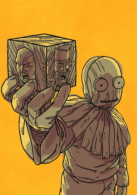 Delta Masquerade by TAG Comics: Volume 1 cover, a wooden figure holds out a carved cube with screaming faces on its sides