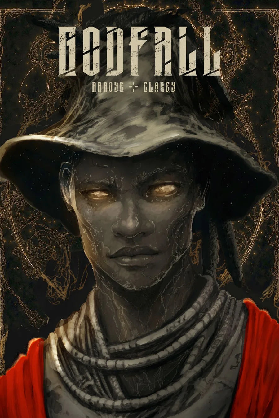 Godfall by TAG Comics: Volume 1 cover, a stern young man with glowing golden eyes in a grey bucket hat, coiled necklaces and a red cloak