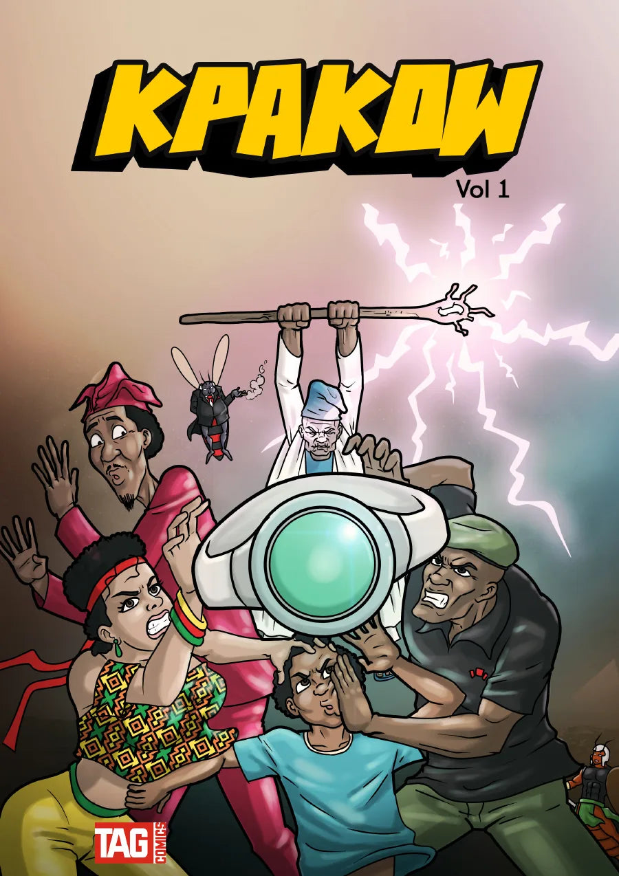 KPAKOW by TAG Comics: Volume 1 cover, an old man raises a crackling staff as a woman, a man in a red cap, a soldier and a boy grab for a giant silver ring