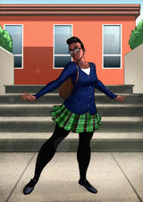 Life of Sky by TAG Comics: Chika, in glasses, a navy cardigan and a green plaid skirt, strikes a pose on the school steps