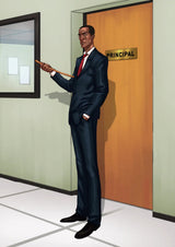 Life of Sky by TAG Comics: Principal Matthews in a dark suit and red tie, holding a cane outside his office door