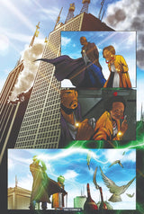 The Dreamer by TAG Comics: a man in a long coat and an old woman in a yellow coat look out from the top of a skyscraper as green lightning crackles below