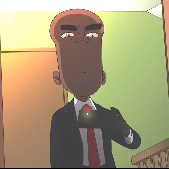 Aisosa in a black suit and red tie, checking a gadget