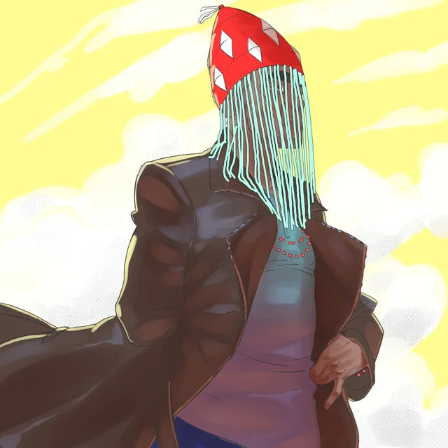 Coach Akintoye in a red beaded crown whose turquoise fringe hides his face, his long brown coat flaring out behind him