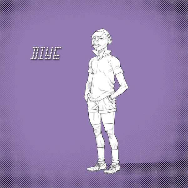 Diye in a white football kit with a popped collar, hands in pockets