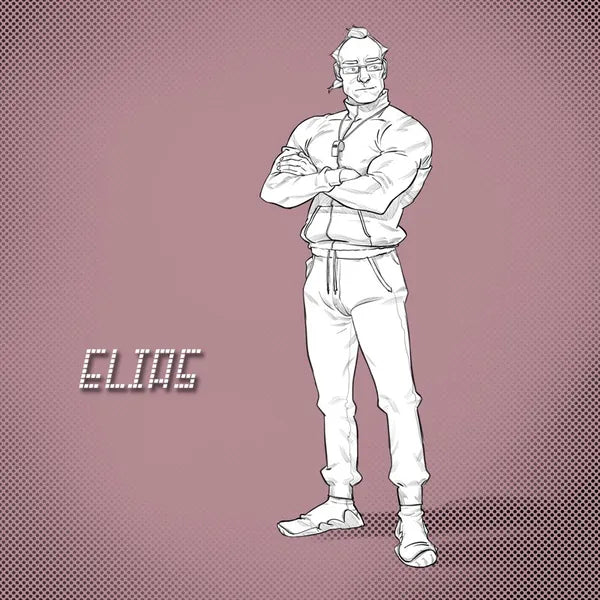 Elias in a tracksuit with a whistle around his neck, arms crossed