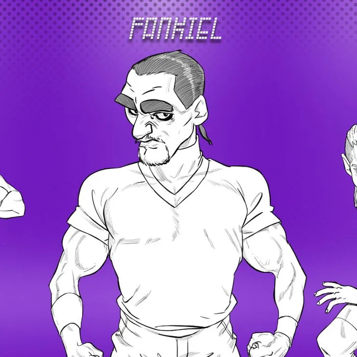 Fankiel, broad-shouldered with fists clenched and slicked-back hair