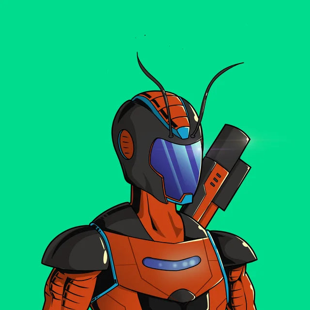Ant in orange and black armour with antennae, a blue visor and a weapon slung over his shoulder