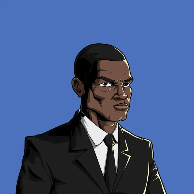 Boss in a black suit and tie, staring hard