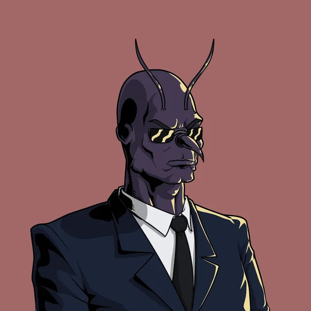 Bruce, an insect in a navy suit and tie, wearing dark sunglasses
