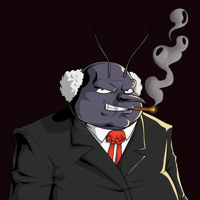 Don Efon, a mosquito boss in a black suit and red tie, chewing a smoking cigar