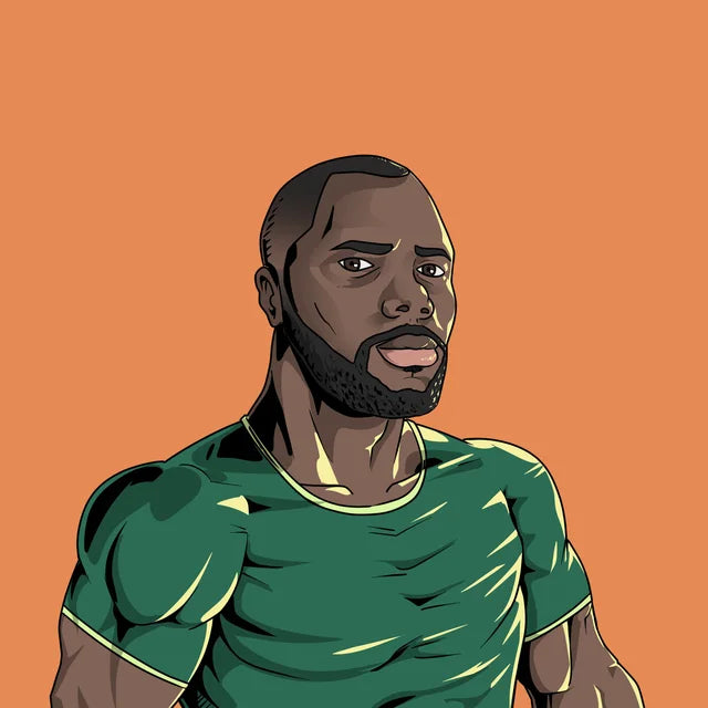Etu, bearded and muscular, in a tight green T-shirt