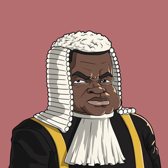 The Judge in a white wig, bands and black robe, frowning