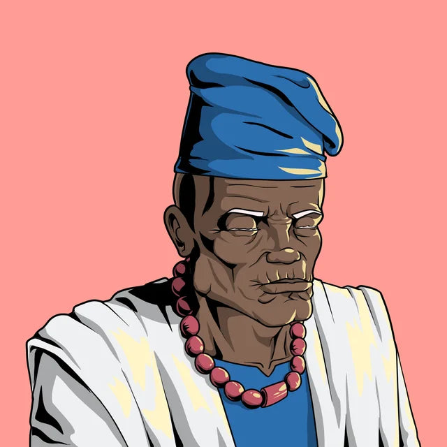 Old Man in a blue cap, coral beads and a white agbada, eyes closed