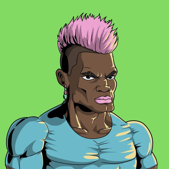 Pinky with a pink mohawk, a pearl earring and a tight blue top