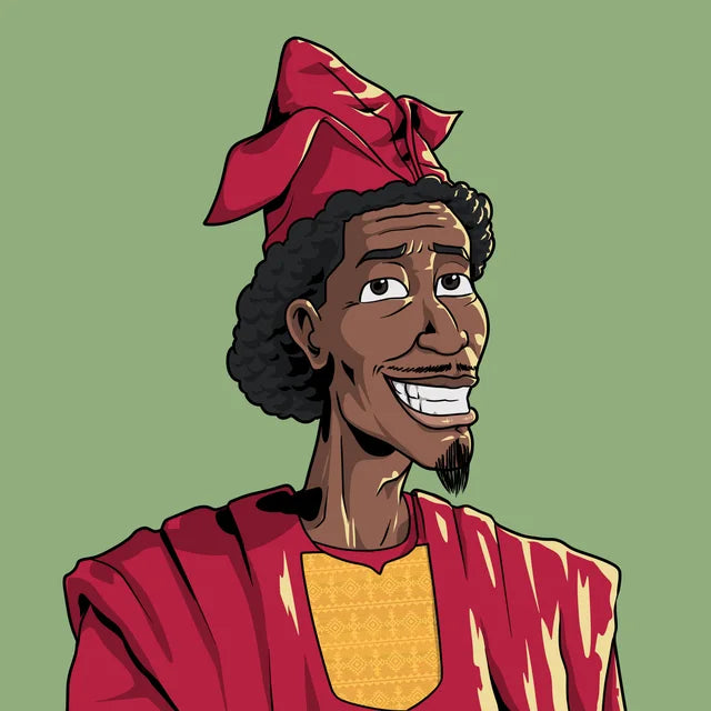 Red grinning in a red agbada and matching cap