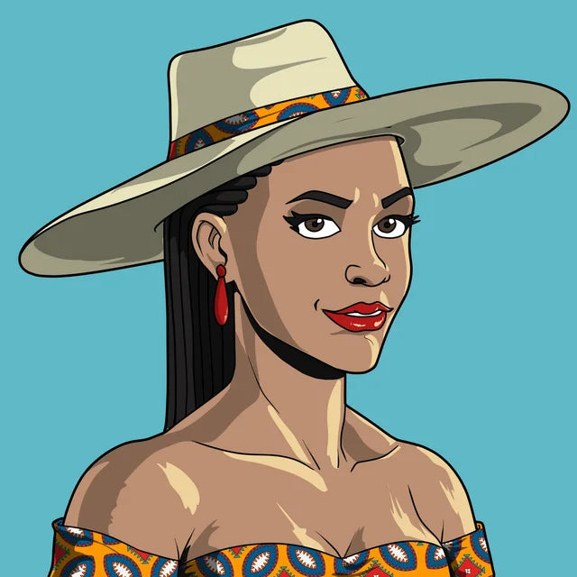 Shalewa in a wide-brimmed hat and an ankara off-shoulder top