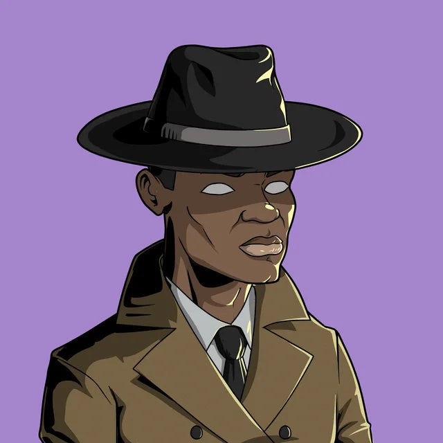 The Author in a black fedora and trench coat, his eyes glowing white