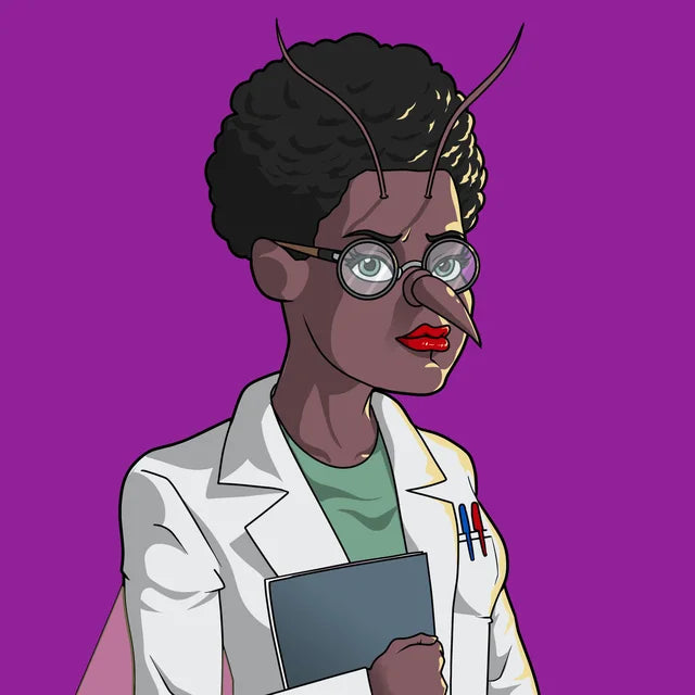 The Scientist, a mosquito-nosed woman in round glasses and a lab coat, holding a clipboard