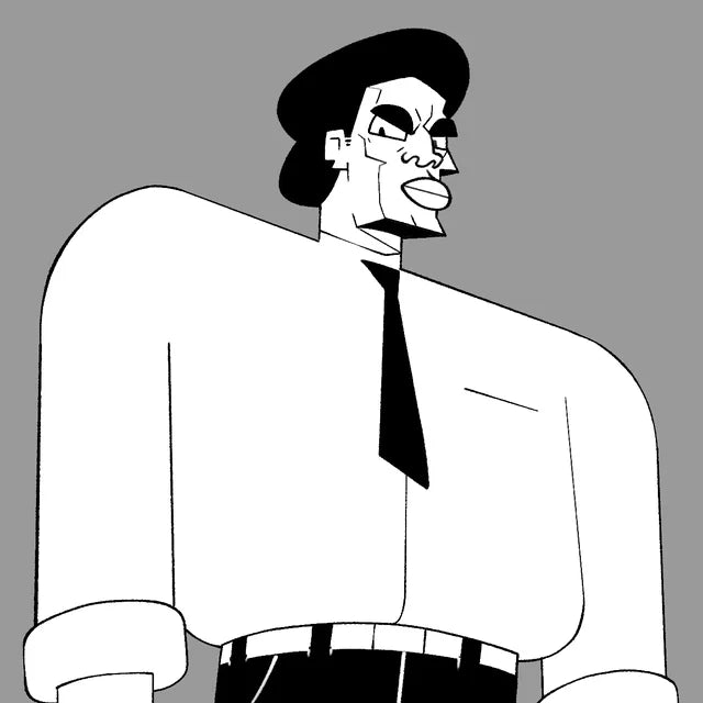 Actor in a white shirt with rolled sleeves, a black tie and a beret, smirking