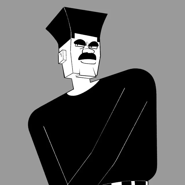 Actor’s friend, a moustached man in a black sweater and white trousers, holding a pistol
