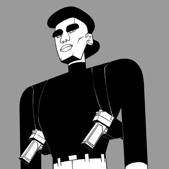 Bozze Junior in a black turtleneck with twin shoulder holsters, white trousers and high-top sneakers