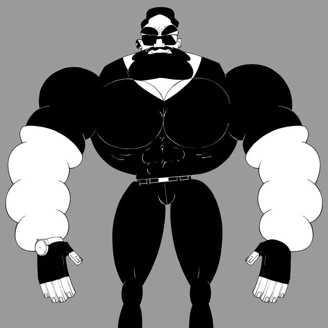Bozze Senior, a hulking bearded man in dark glasses and a black bodysuit, with a wristwatch
