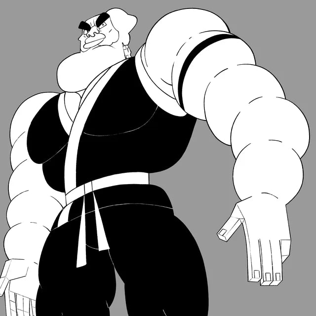 Bozze, a giant with huge arms in a black martial arts gi and white belt, looking down his nose
