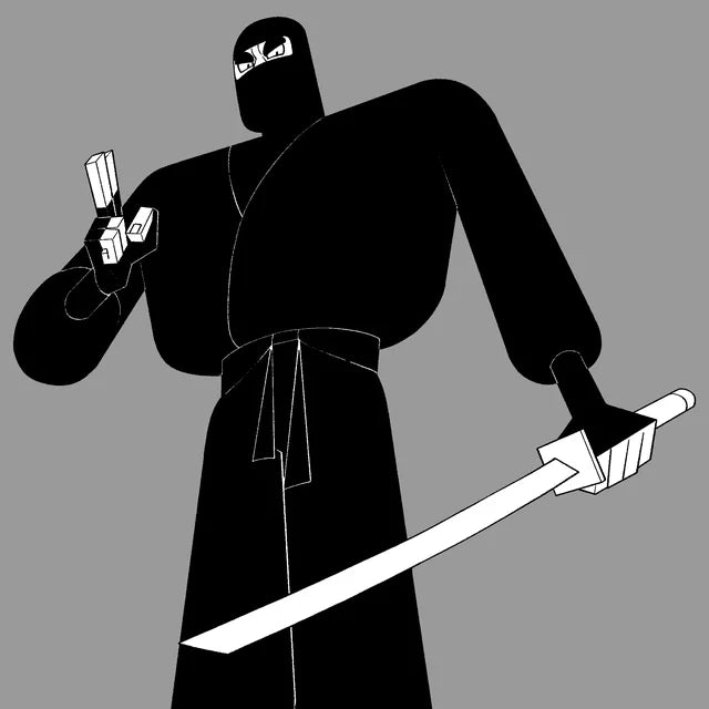 A masked ninja in black holding a sword and two throwing knives