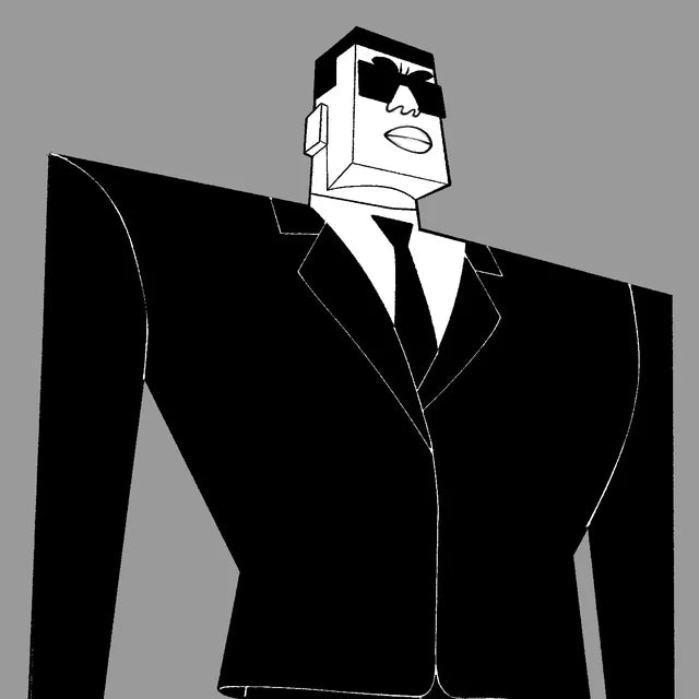 A secret agent in a black suit, black tie and sunglasses
