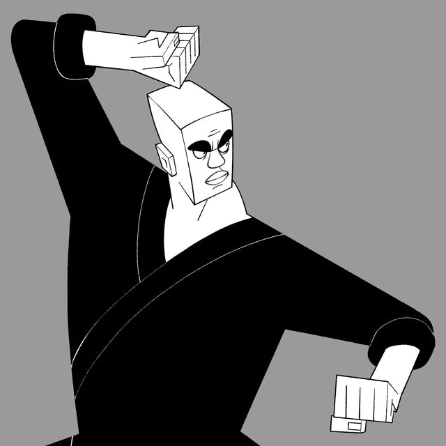 A shaolin monk in a black robe in a fighting stance, one fist raised