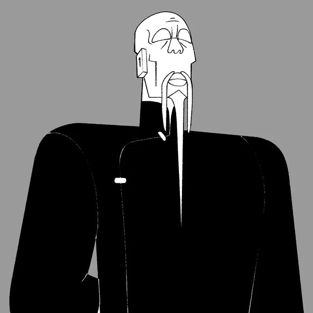 The Master, a bald old man with a long white beard in a black robe, eyes closed