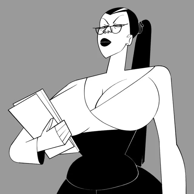 Secretary San in glasses with a long ponytail, carrying papers and a briefcase