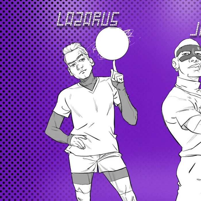 Lazarus spinning a ball on one finger, hand on hip