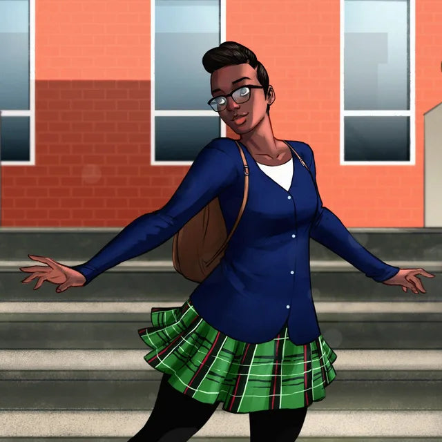 Chika, in glasses, a navy cardigan and a green plaid skirt, strikes a pose on the school steps