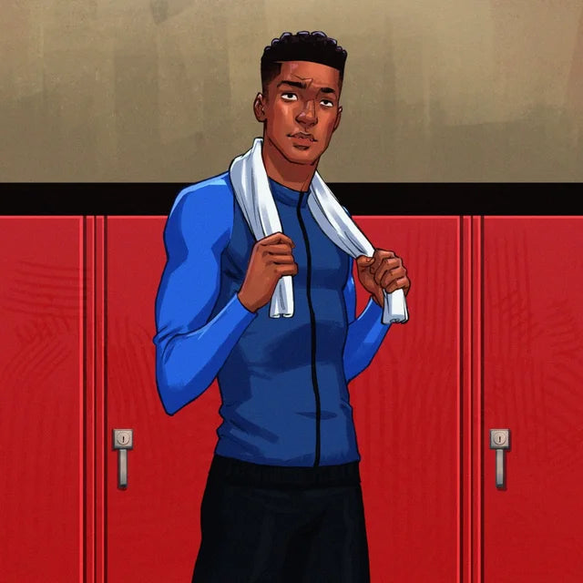Eze in a blue training top with a towel around his neck, standing by red lockers with a football at his feet