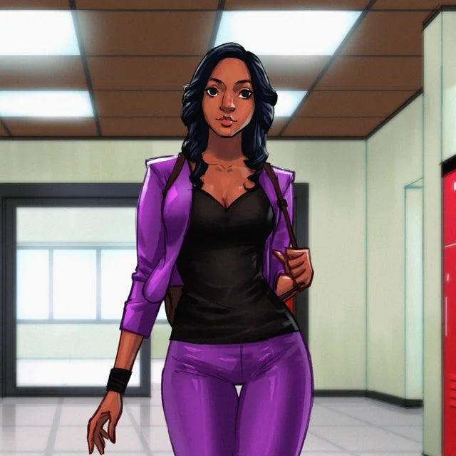 Ini in a purple jacket and trousers, walking down a school corridor with a backpack on one shoulder