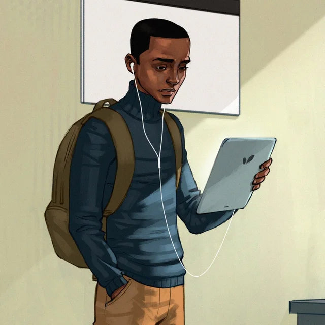 Osaze in a turtleneck and backpack, earphones in, reading a tablet at the foot of the stairs