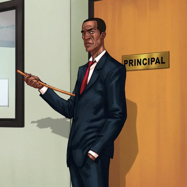 Principal Matthews in a dark suit and red tie, holding a cane outside his office door