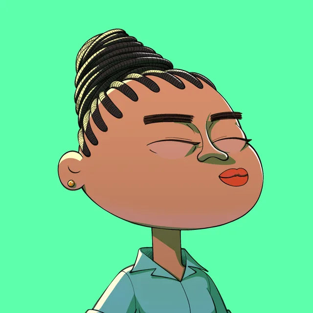 Miss Oshiomole with braids piled in a bun, eyes closed, in a teal blouse